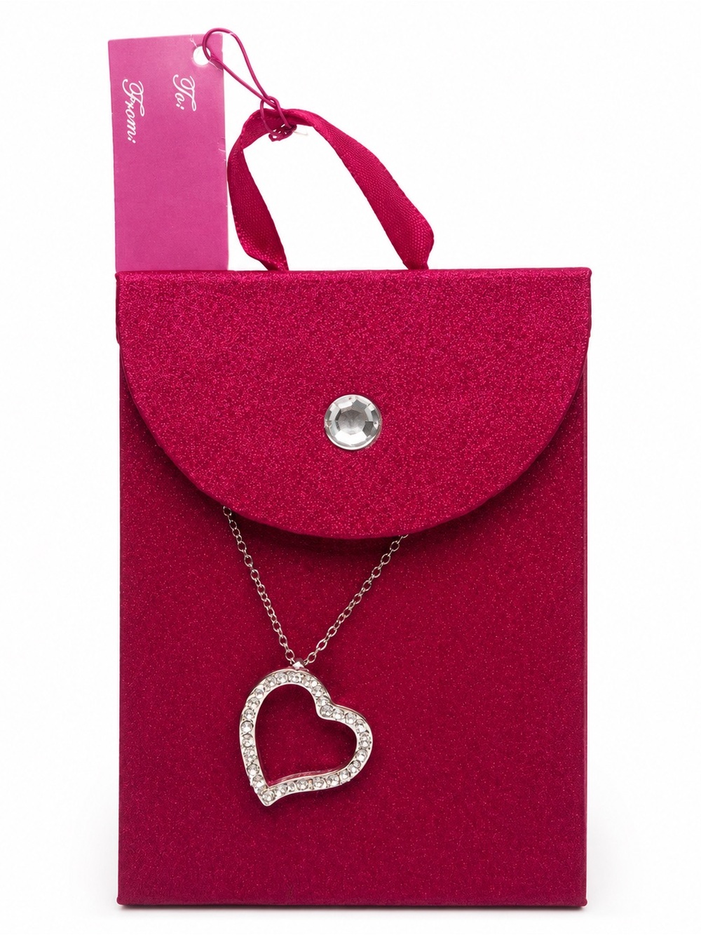 Silver Open Heart Rhinestone Pendant Necklace Gift Pouch Romantic Jewelry NWT